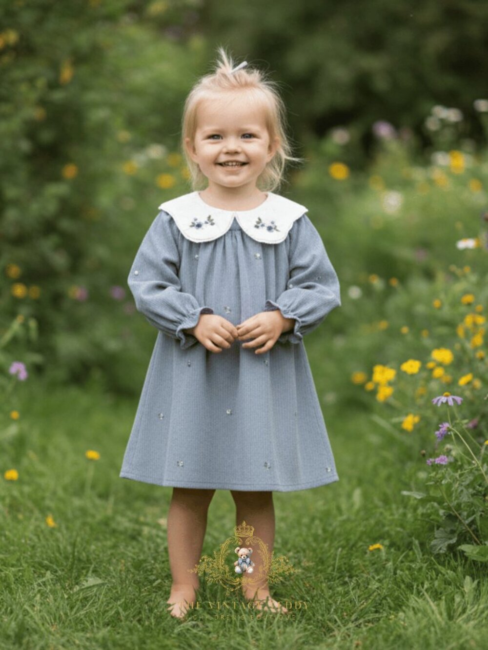NWT Pretty Girls Floral Embroidered Bib Collar Long Sleeve Dress Corduroy 2T